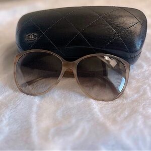 CHANEL:CC Logo Quilt Pattern Leather Sunglasses-Light Brown.Chanel case included